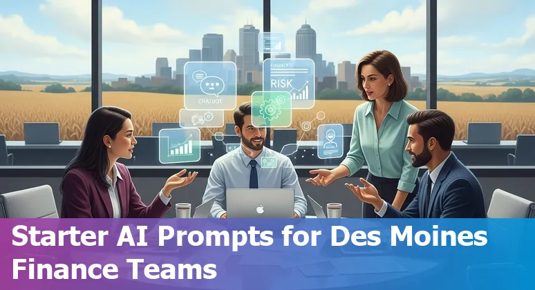 Des Moines skyline with AI and financial icons representing chatbots, fraud detection, and forecasting.