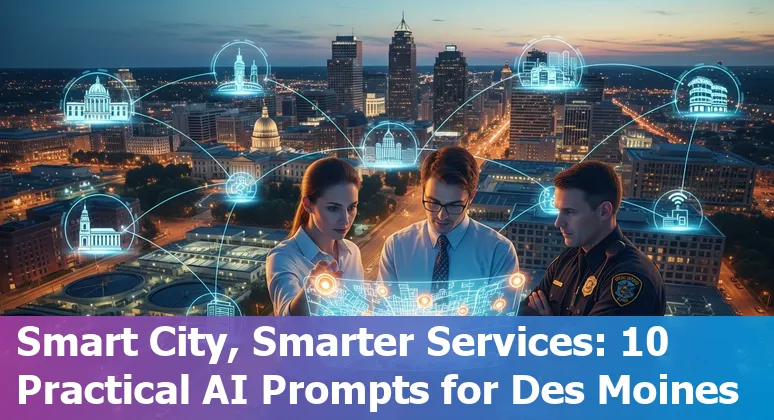 Des Moines city skyline with icons for AI, traffic, public safety, and city services.