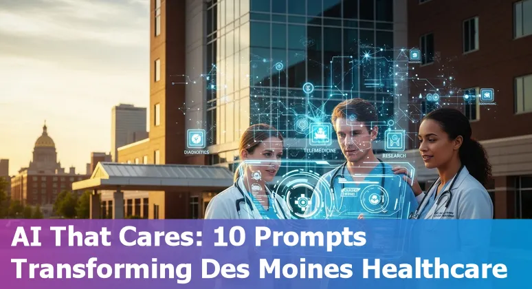 Des Moines hospital clinician using AI prompts on a tablet showing triage, documentation, and telehealth use cases.