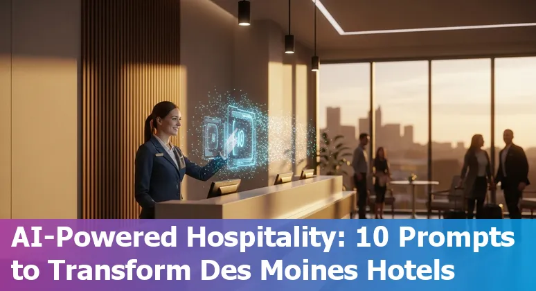 Hotel front desk staff using AI prompts on a laptop to manage reservations, upsells, and guest notifications in Des Moines.