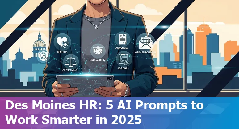 Des Moines HR professional using AI prompts on a laptop with Iowa skyline in the background.