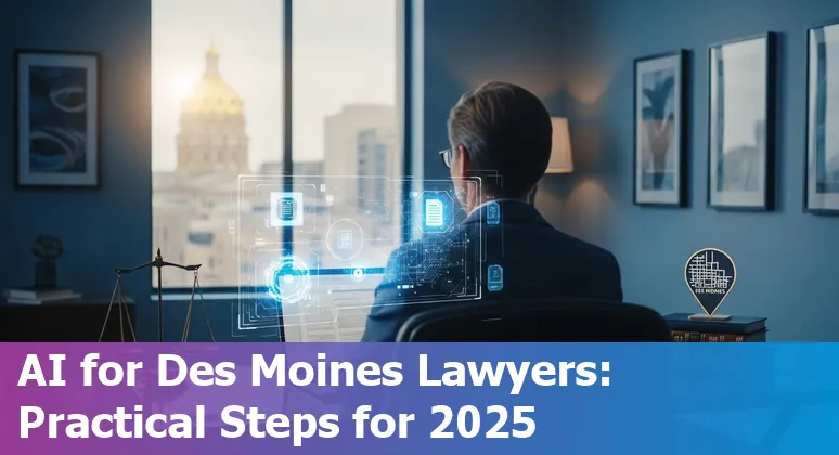 Lawyer using AI tools on a laptop in Des Moines, Iowa courthouse setting (2025)