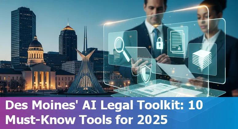 Des Moines attorney using AI tools on laptop with Iowa skyline in background