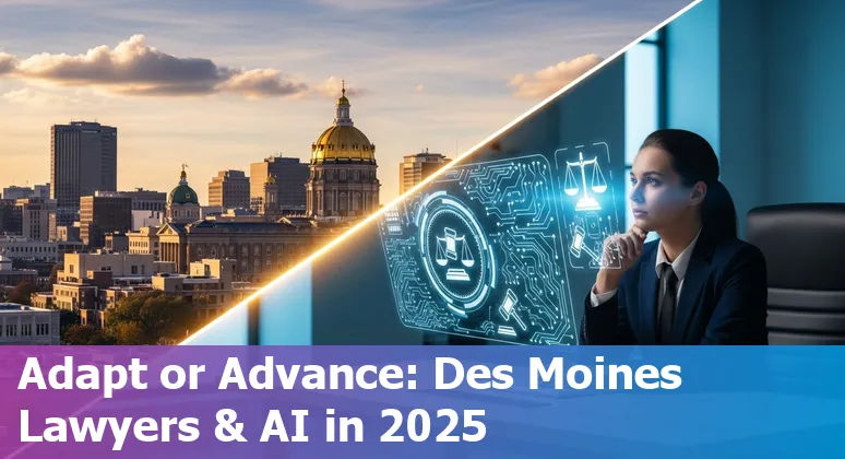 Des Moines, Iowa lawyer using AI-assisted research on laptop; Iowa skyline in background