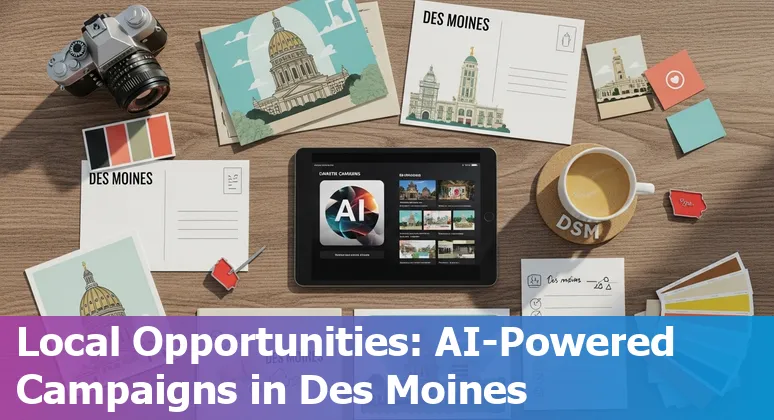 Marketing professional using AI tools for campaigns in Des Moines, Iowa with DSM airport and city skyline in background