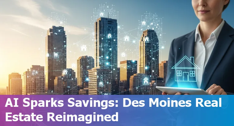Des Moines, Iowa real estate office using AI-powered tools on screens with Des Moines skyline in the background
