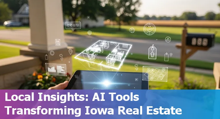 Des Moines, Iowa skyline with AI icons overlay showing real estate data and tools in 2025
