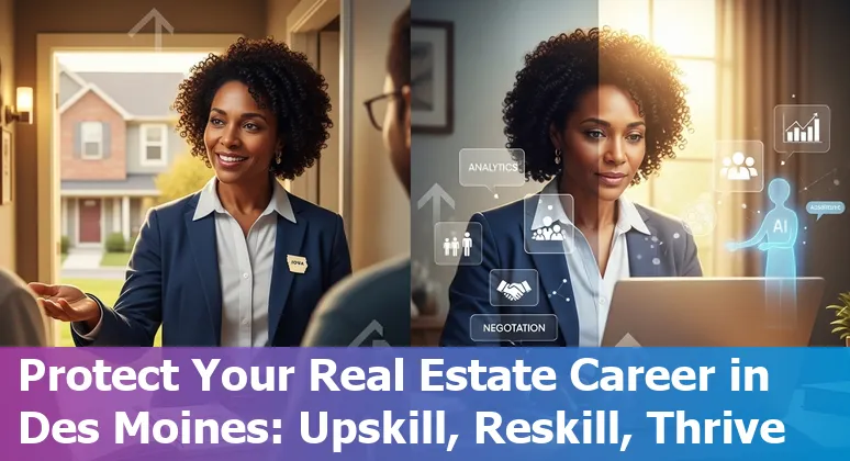 Des Moines skyline with real estate and AI icons showing jobs adapting to automation
