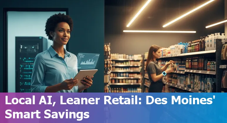Des Moines, Iowa retail store using AI tools with local data center skyline in the background