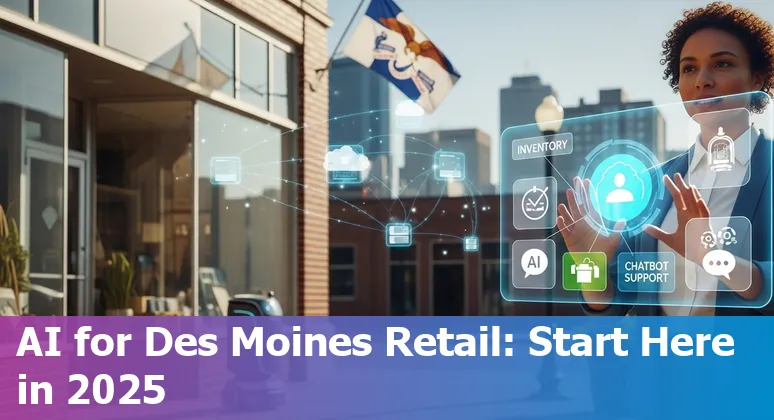 Retail worker using AI dashboard in Des Moines, Iowa store with Des Moines skyline in background