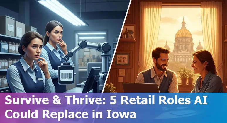Retail worker helping customer at a Des Moines store counter with AI icons overlay