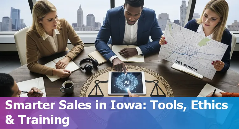 Sales professional using AI tools on laptop with Des Moines, Iowa skyline in background