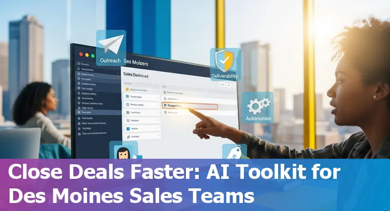 Sales professional using AI tools on laptop with Des Moines skyline in the background