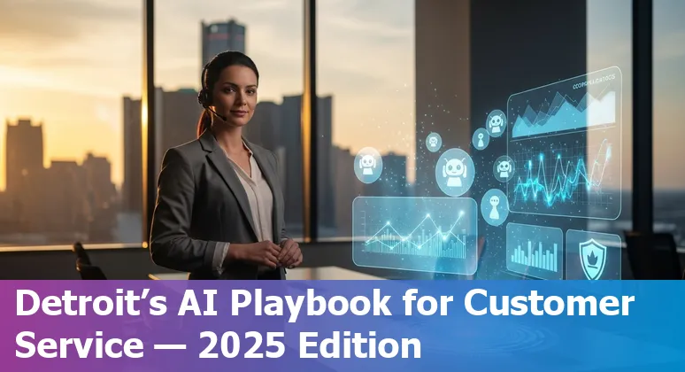 Customer service pro using AI tools in Detroit, Michigan skyline in 2025