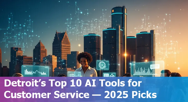 Collage of AI customer service tools logos and Detroit skyline representing omnichannel support