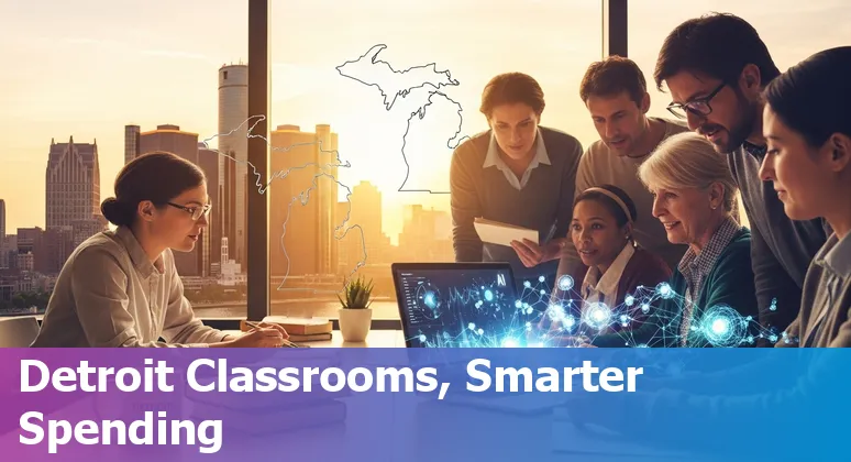 Detroit education staff using AI dashboard on a laptop — showing Michigan-focused tools and local vendor logos.