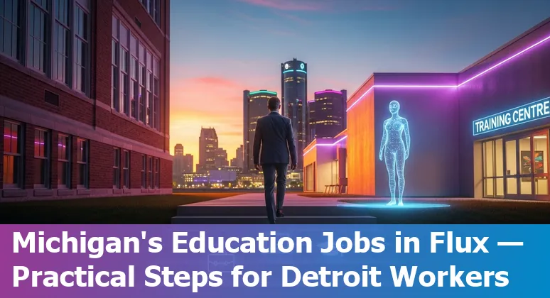 Detroit school building with educators using laptops and AI icons illustrating job reshaping