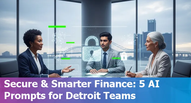 Detroit finance professional using AI prompts on a laptop, with Detroit skyline in background