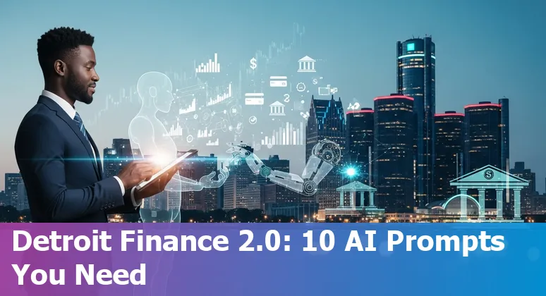 Detroit skyline with finance icons and AI network overlay illustrating AI use cases in financial services.