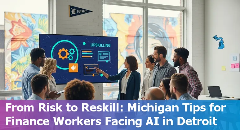 Detroit skyline with financial district and AI circuit overlay illustrating AI impact on financial services jobs