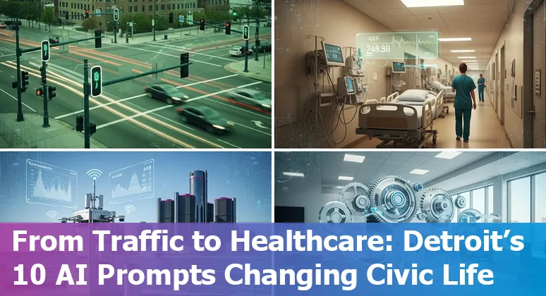 Detroit city skyline with icons for AI use cases: cybersecurity, traffic, health, environment, and public safety.