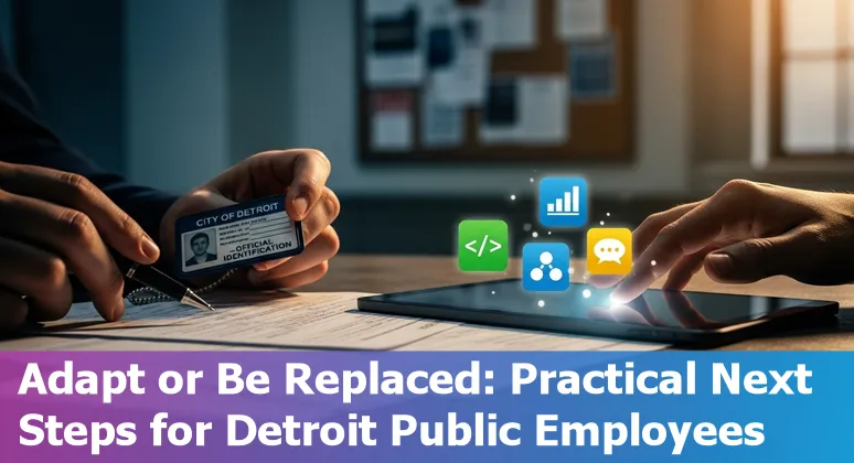 Detroit city skyline with icons for transit, documents, records, 311, and policy representing jobs at risk from AI