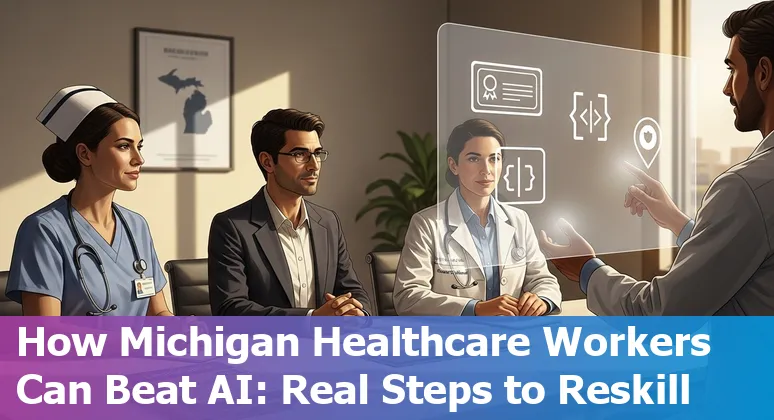 Detroit hospital front desk with staff and a translucent AI interface overlay representing automation risks and reskilling
