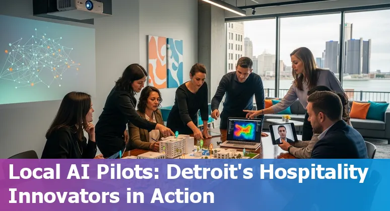 Hotel lobby with AI kiosk and Detroit skyline visible — Detroit, Michigan, US hospitality technology scene