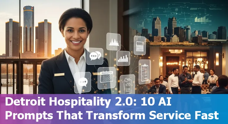 Detroit hotel lobby with AI icons overlay representing chatbots, dynamic pricing, and sustainability.