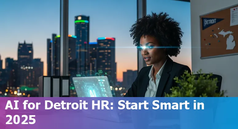 HR professional using AI tools in an office with Detroit skyline visible, Detroit, Michigan.