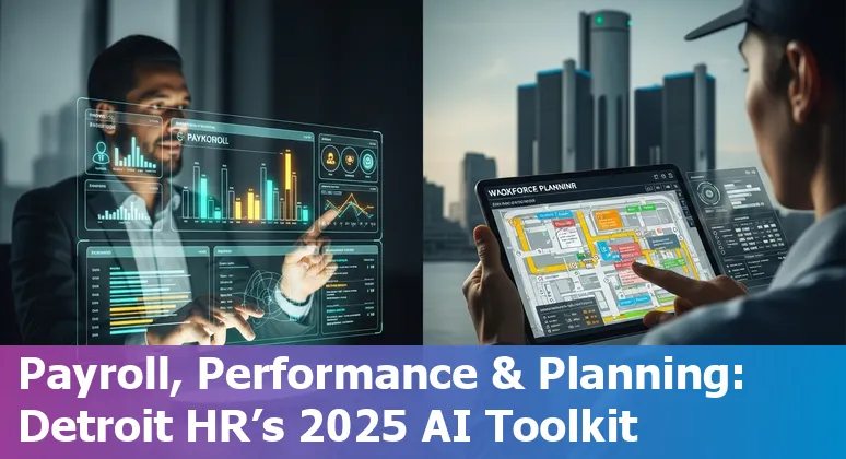 Detroit HR professional using AI tools on a laptop with Detroit skyline in background