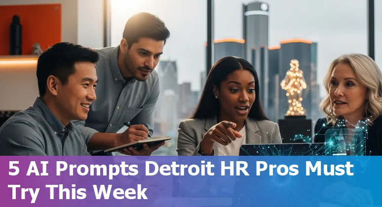 Detroit HR professional using AI prompts on a laptop with Detroit skyline in background.
