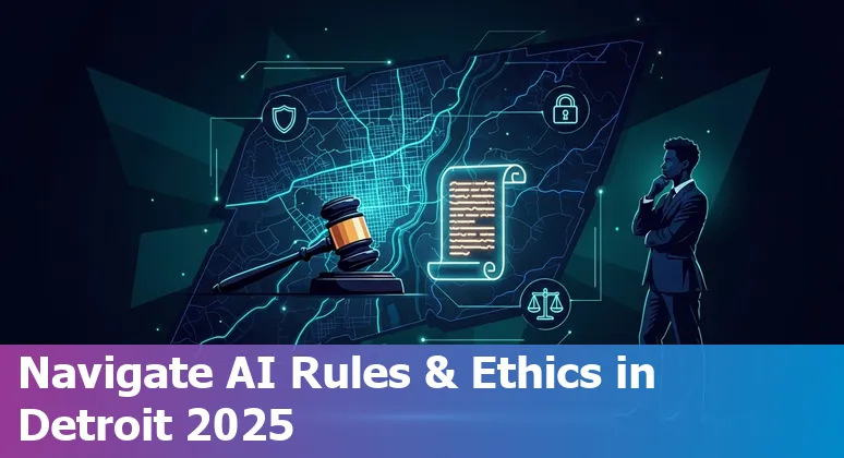 Detroit, Michigan legal professional using AI tools on a laptop with Detroit skyline in background