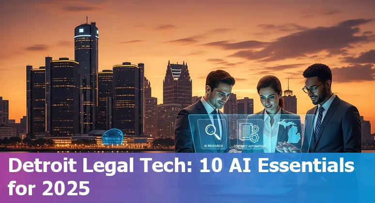 Collage of AI legal tools on a Detroit skyline background: Casetext, ChatGPT, Claude, Gavel, Diligen, Spellbook, Harvey, Smith.ai, Everlaw, Ontra.