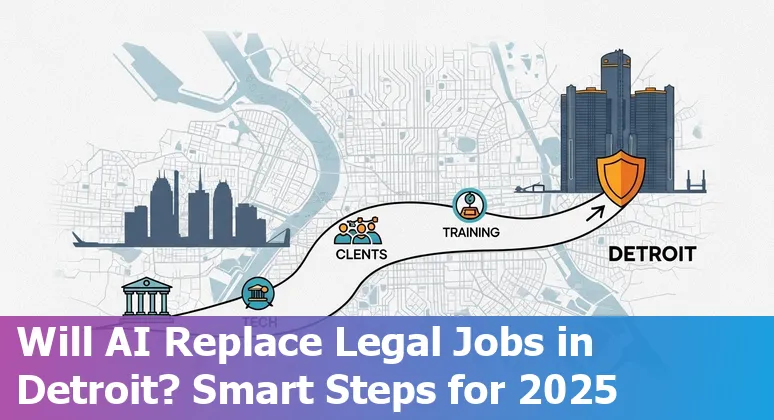 Detroit, Michigan lawyer using AI-assisted legal research on a laptop with Detroit skyline visible