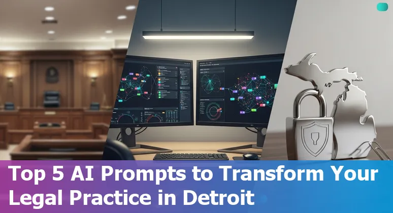 Attorney in Detroit using AI tools on laptop to review contracts with Detroit skyline in background