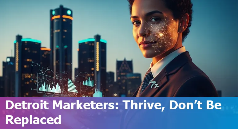 Detroit, Michigan marketer using AI tools with Detroit skyline — illustrating AI and marketing jobs in Michigan in 2025