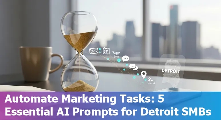 Detroit marketer using AI tools on a laptop with Detroit skyline in background, prompts on screen.