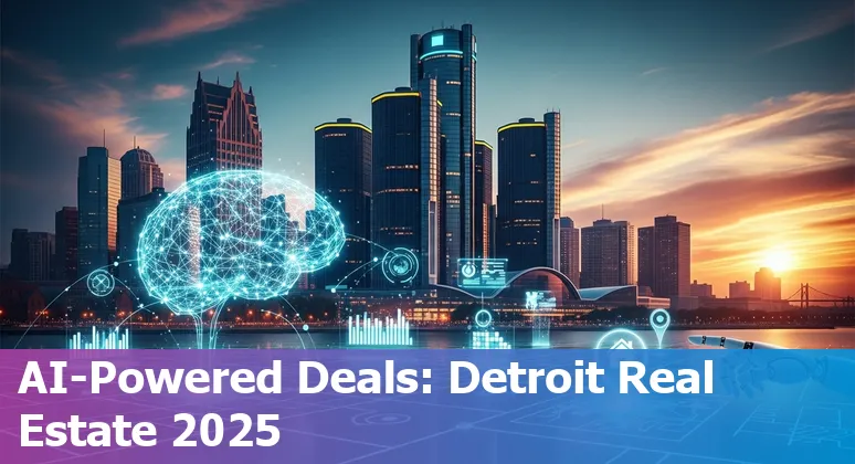 Detroit, Michigan skyline with AI icons overlay showing real estate data and virtual tours