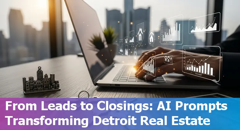Detroit skyline with annotated AI real estate icons: valuation, virtual tours, marketing, and property management