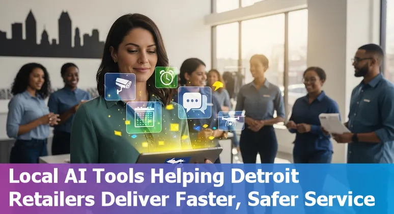 Detroit, Michigan retail storefront with AI security robot and drone inspecting rooftop, illustrating AI cost savings and efficiency in Michigan, US