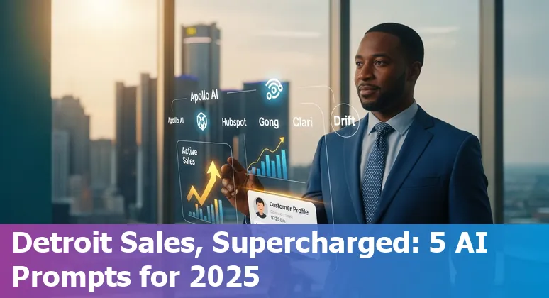 Detroit sales professional using AI prompts on laptop showing Apollo, HubSpot, Gong, Clari, and Drift dashboards