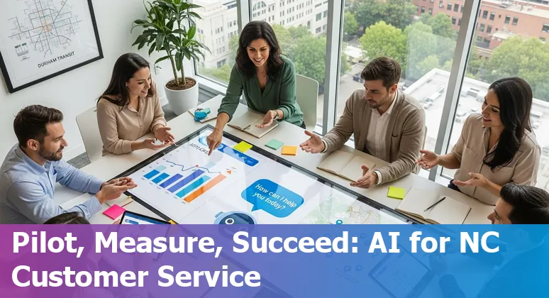 Customer service agent using AI chatbot on screen in Durham, North Carolina office, 2025