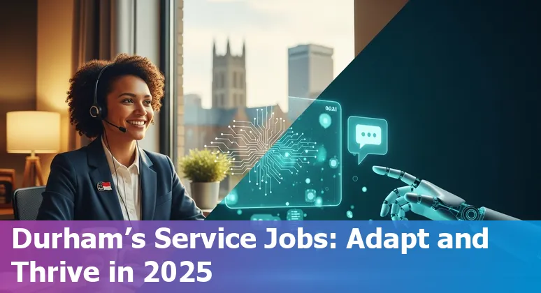 Customer service worker using AI tools in Durham, North Carolina office with Durham skyline