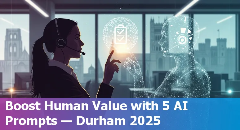 Customer service agent using AI prompts on a laptop with Durham skyline in the background