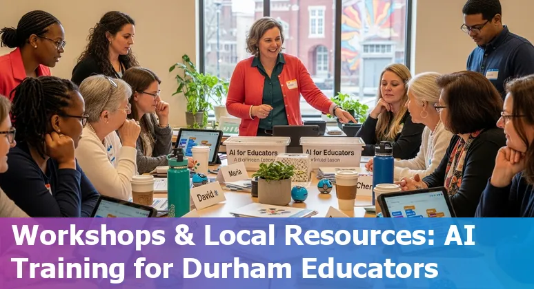 Educators using AI tools at a workshop in Durham, North Carolina - Duke and NCCU campuses visible.