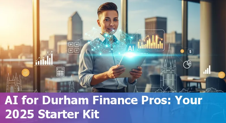Finance professional using AI tools in Durham, North Carolina office with NC skyline and AI visuals