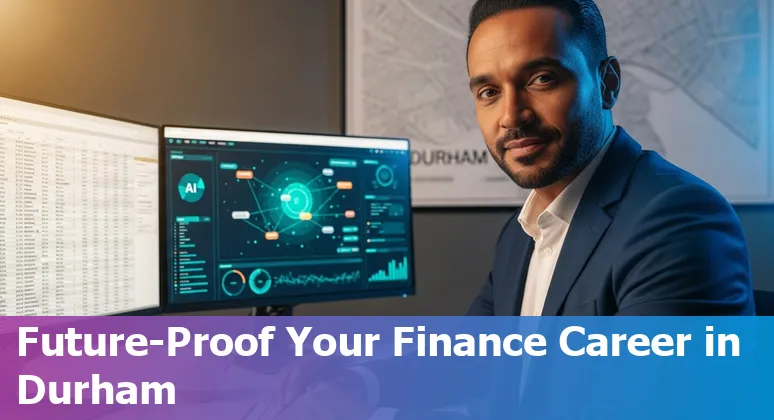 Finance professional using AI tools in an office in Durham, North Carolina, USA, illustrating AI and finance jobs in Durham, NC.