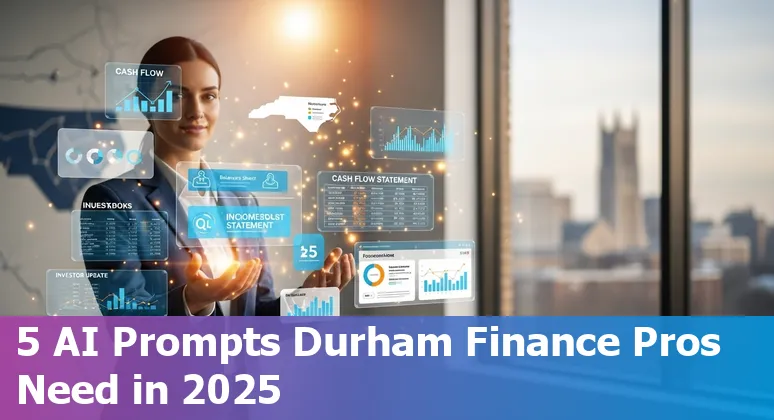 Durham finance professional using AI prompts on laptop with Research Triangle skyline in background.