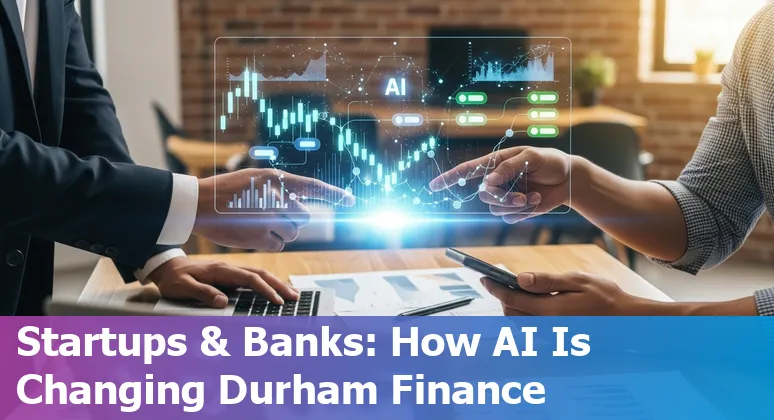 Illustration of AI and finance in Durham, North Carolina skyline with 2025 tech icons